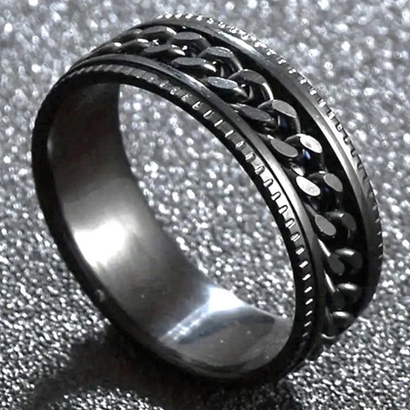 Ring Spinner Men's Black SZ 11 Stainless Chain Rotates Anxiety Edgy Rock Emo Fun - Picture 3 of 4